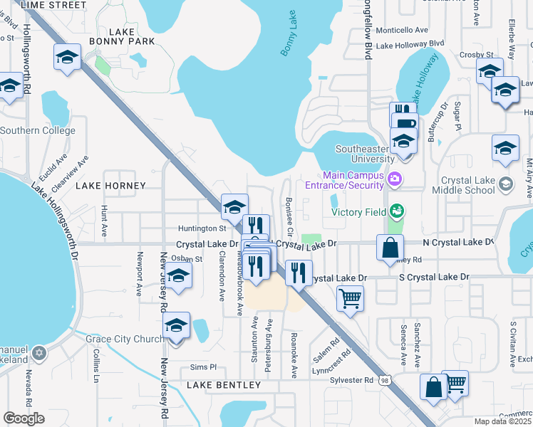 map of restaurants, bars, coffee shops, grocery stores, and more near Unnamed Road in Lakeland