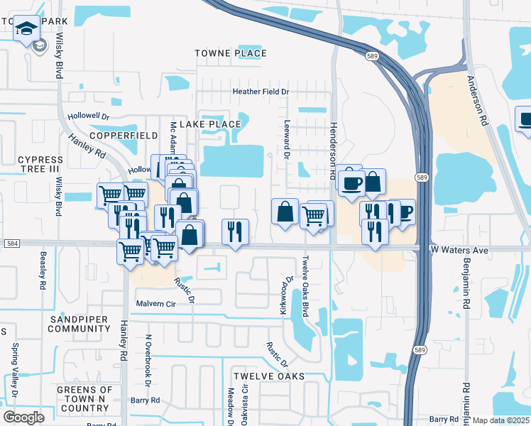 map of restaurants, bars, coffee shops, grocery stores, and more near 8456 Sandy Beach Street in Tampa