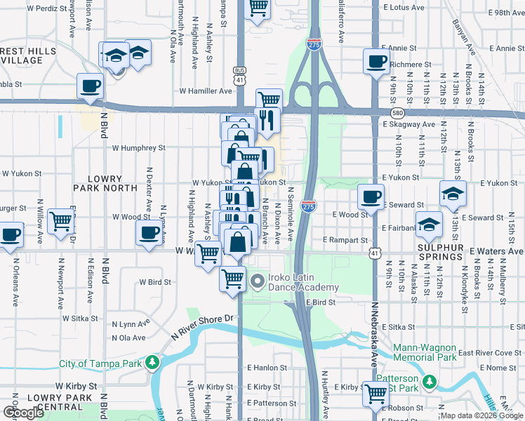 map of restaurants, bars, coffee shops, grocery stores, and more near 8514 North Branch Avenue in Tampa