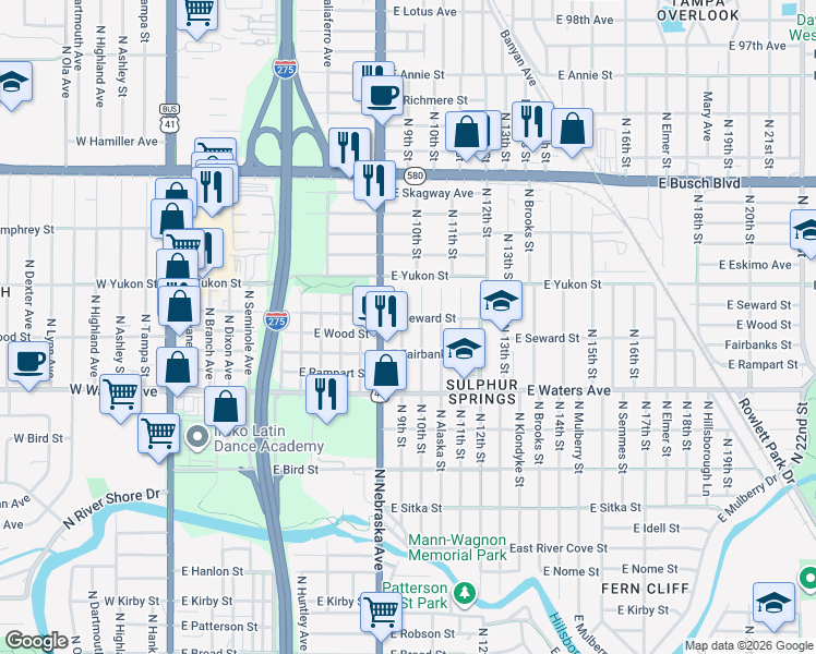 map of restaurants, bars, coffee shops, grocery stores, and more near 8512 North 9th Street in Tampa