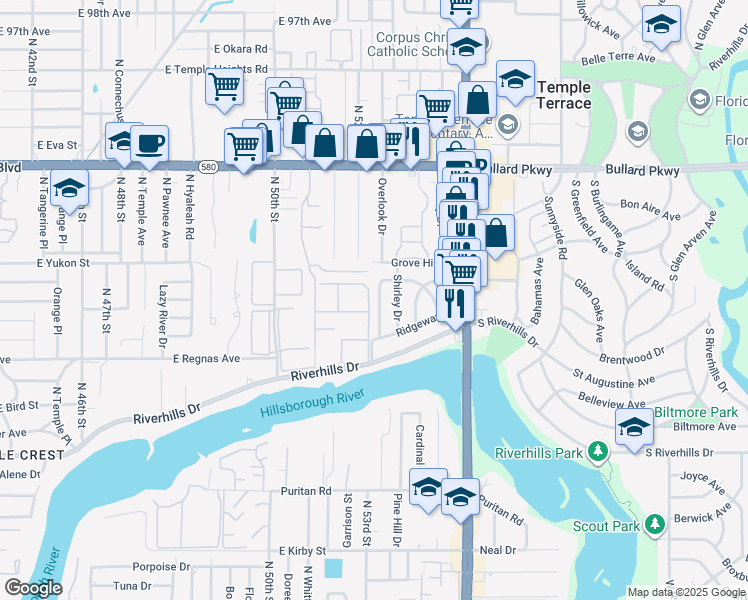map of restaurants, bars, coffee shops, grocery stores, and more near 5314 Rainbow Drive in Temple Terrace