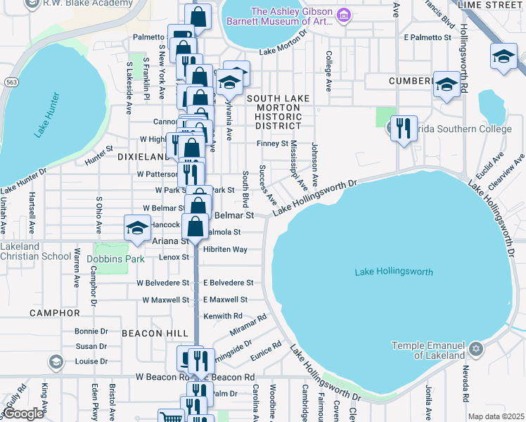 map of restaurants, bars, coffee shops, grocery stores, and more near 426 East Belmar Street in Lakeland
