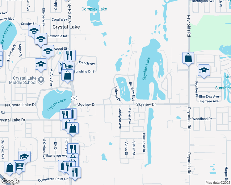 map of restaurants, bars, coffee shops, grocery stores, and more near 1307 Fairway Drive in Lakeland