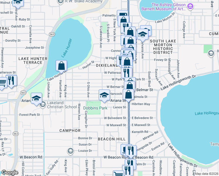 map of restaurants, bars, coffee shops, grocery stores, and more near 318 West Belmar Street in Lakeland