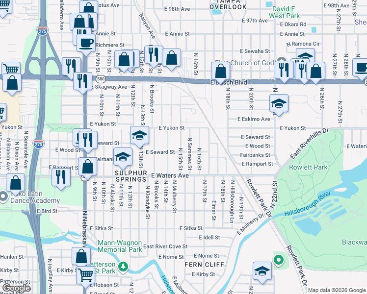 map of restaurants, bars, coffee shops, grocery stores, and more near 8509 North 15th Street in Tampa