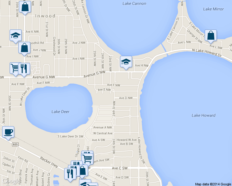 map of restaurants, bars, coffee shops, grocery stores, and more near 2336 Ave East NW in Winter Haven