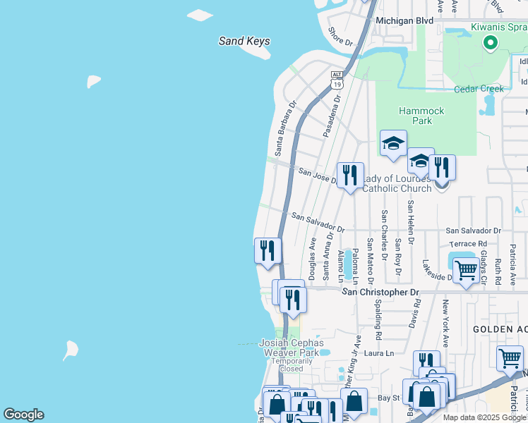 map of restaurants, bars, coffee shops, grocery stores, and more near 1594 Santa Barbara Drive in Dunedin