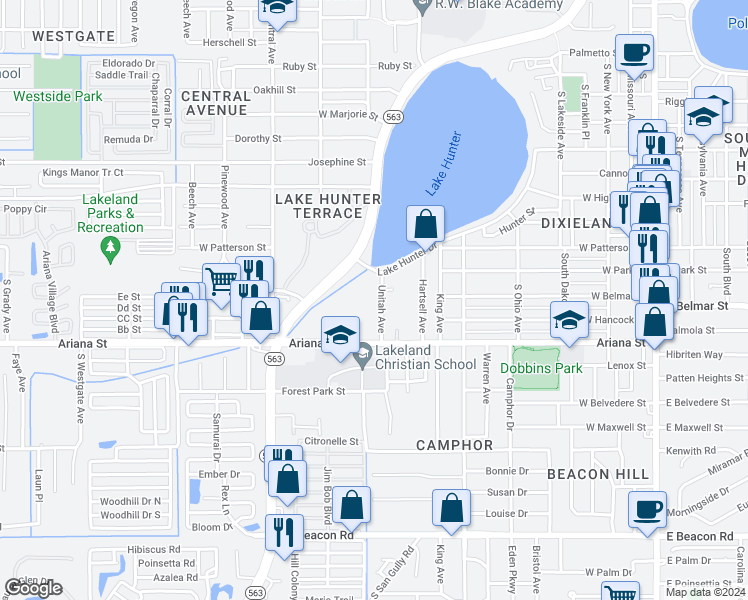 map of restaurants, bars, coffee shops, grocery stores, and more near 1205 Unitah Avenue in Lakeland
