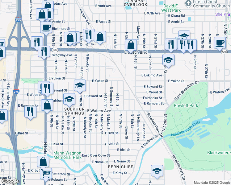 map of restaurants, bars, coffee shops, grocery stores, and more near 8506 North 16th Street in Tampa
