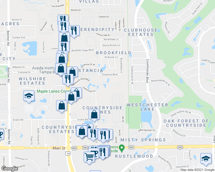 map of restaurants, bars, coffee shops, grocery stores, and more near 2113 Hammock Pine Boulevard in Clearwater