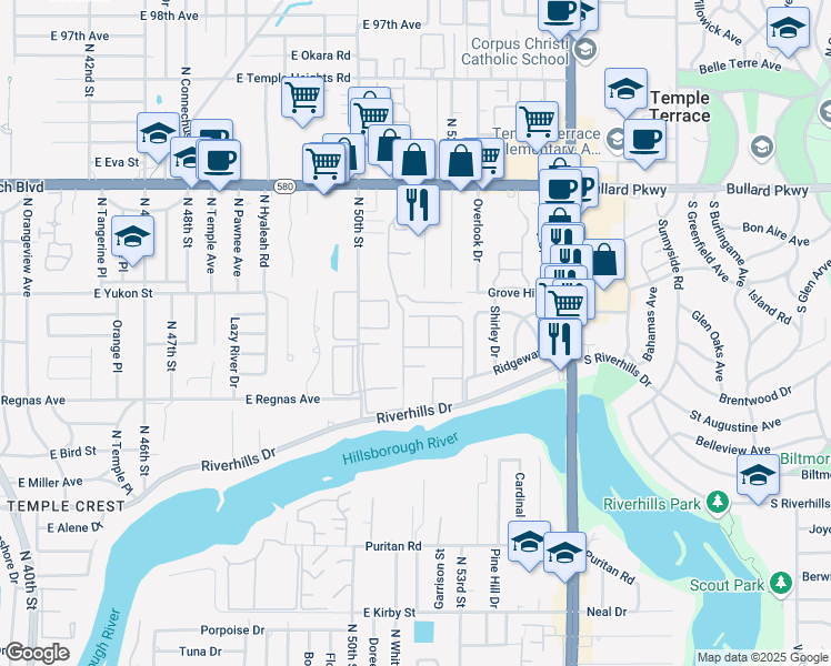 map of restaurants, bars, coffee shops, grocery stores, and more near 8408 Rio Bravo Court in Tampa