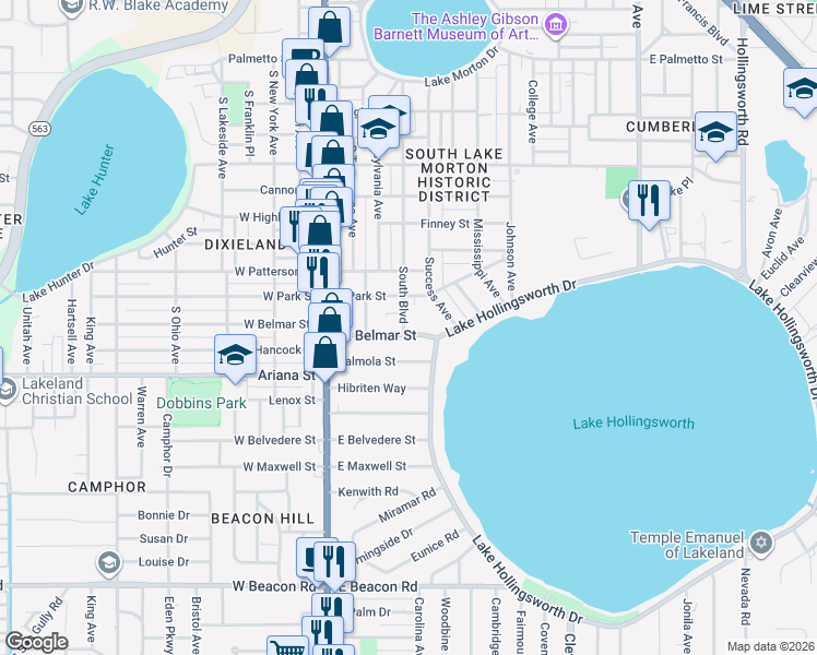 map of restaurants, bars, coffee shops, grocery stores, and more near 408 East Belmar Street in Lakeland