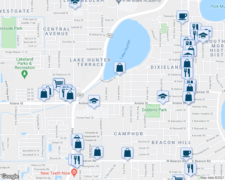 map of restaurants, bars, coffee shops, grocery stores, and more near 1200 Unitah Avenue in Lakeland