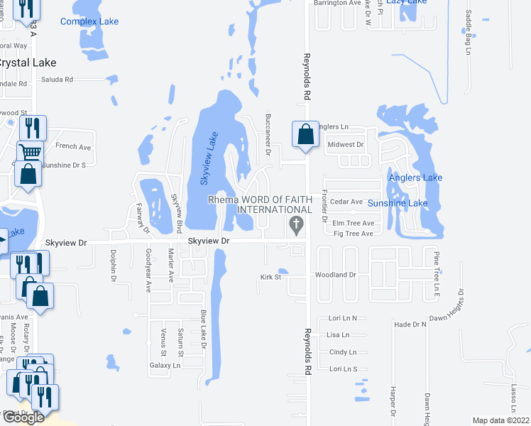 map of restaurants, bars, coffee shops, grocery stores, and more near 1253 Waterview Boulevard East in Lakeland