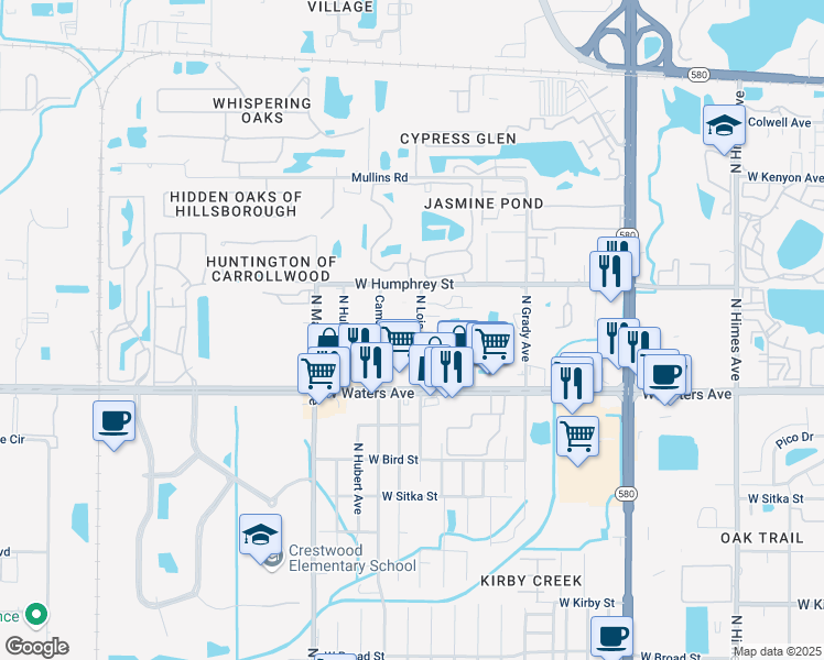 map of restaurants, bars, coffee shops, grocery stores, and more near 8418 North Lois Avenue in Tampa