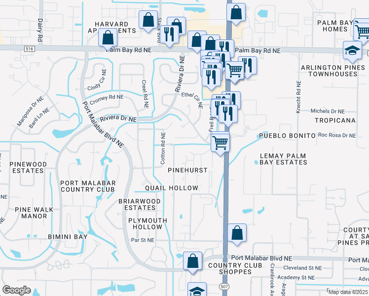map of restaurants, bars, coffee shops, grocery stores, and more near 4311 Tree Ridge Lane Northeast in Palm Bay