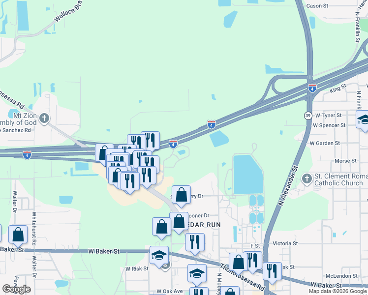 map of restaurants, bars, coffee shops, grocery stores, and more near 1212 Goldfinch Drive in Plant City