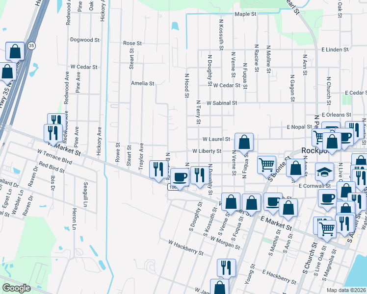 map of restaurants, bars, coffee shops, grocery stores, and more near 515 North Hood Street in Rockport