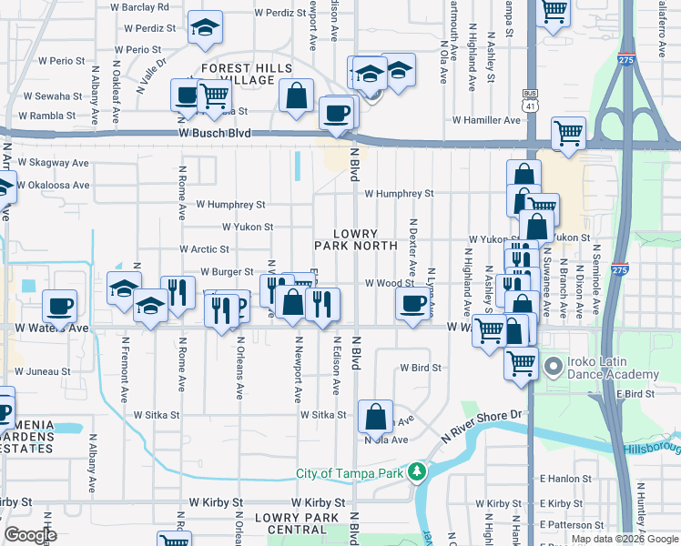 map of restaurants, bars, coffee shops, grocery stores, and more near 8505 North Edison Avenue in Tampa