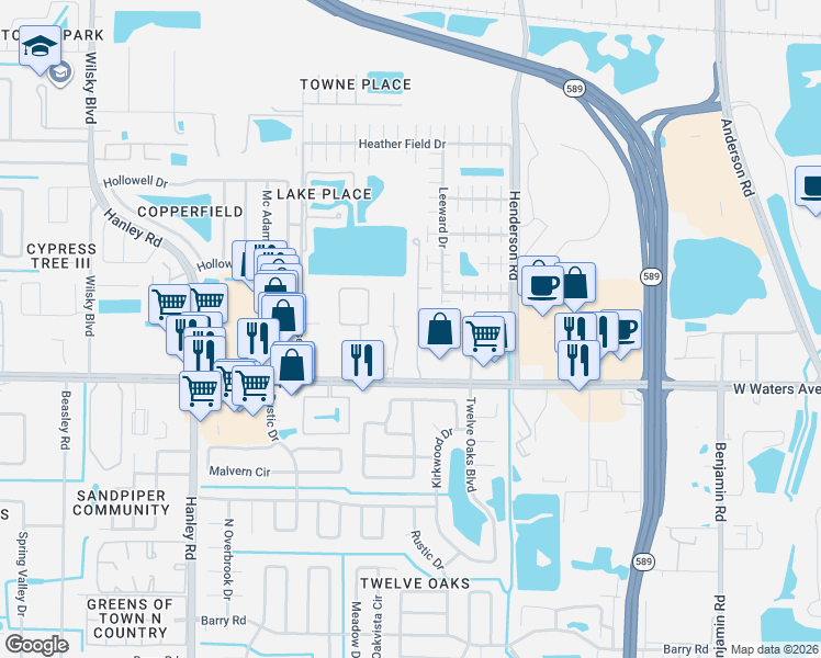 map of restaurants, bars, coffee shops, grocery stores, and more near 8456 Sandy Beach Street in Tampa