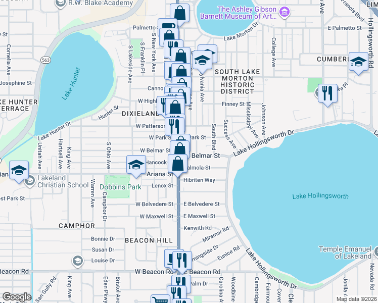 map of restaurants, bars, coffee shops, grocery stores, and more near in Lakeland