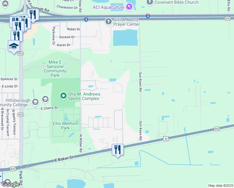 map of restaurants, bars, coffee shops, grocery stores, and more near 2921 Wilder Creek Circle in Plant City