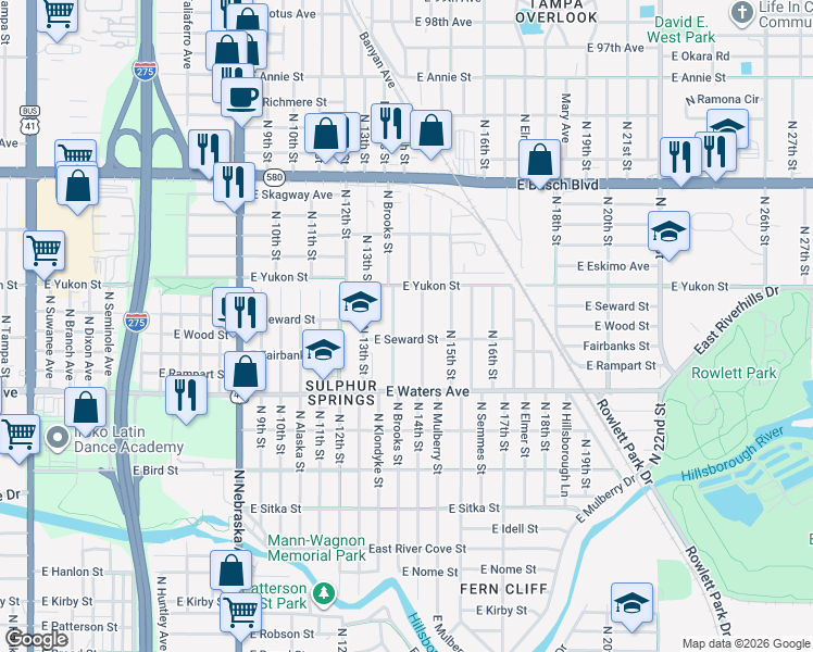 map of restaurants, bars, coffee shops, grocery stores, and more near 8505 North Brooks Street in Tampa