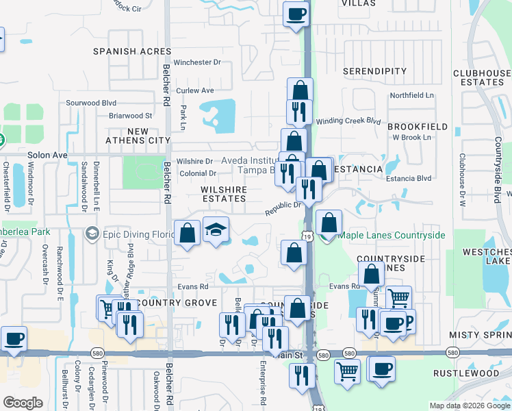 map of restaurants, bars, coffee shops, grocery stores, and more near 2341 Carrie Court in Dunedin
