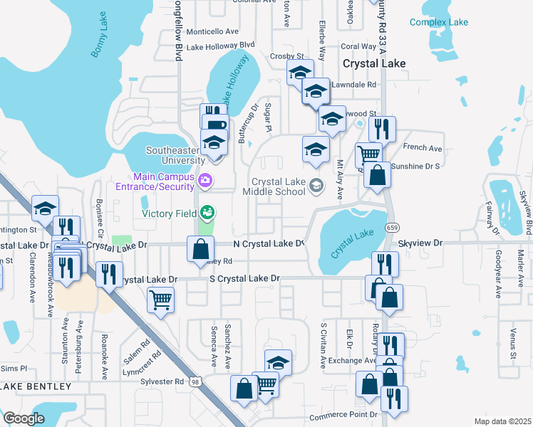 map of restaurants, bars, coffee shops, grocery stores, and more near 2240 Honey Drive in Lakeland