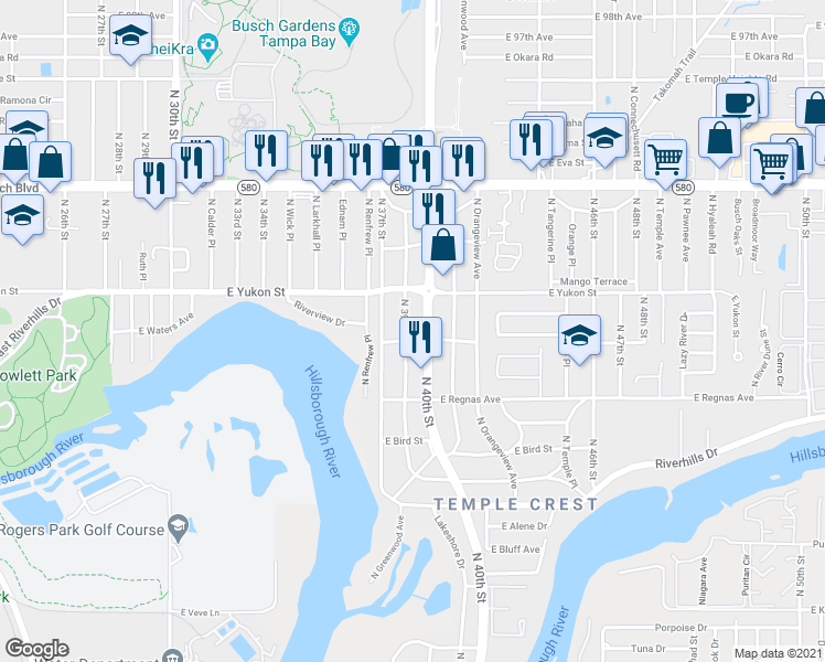map of restaurants, bars, coffee shops, grocery stores, and more near 8604 North 39th Street in Tampa