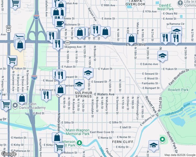 map of restaurants, bars, coffee shops, grocery stores, and more near 1410 East Seward Street in Tampa