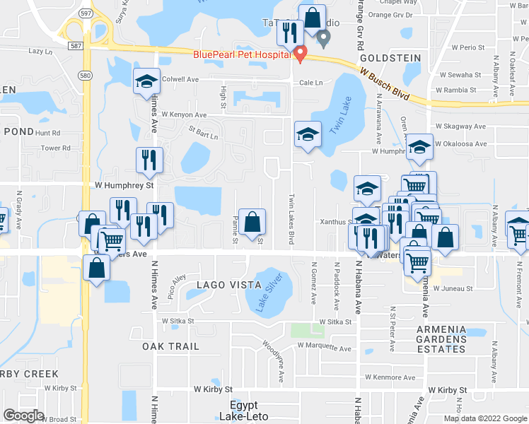 map of restaurants, bars, coffee shops, grocery stores, and more near 8505 Claonia Street in Tampa