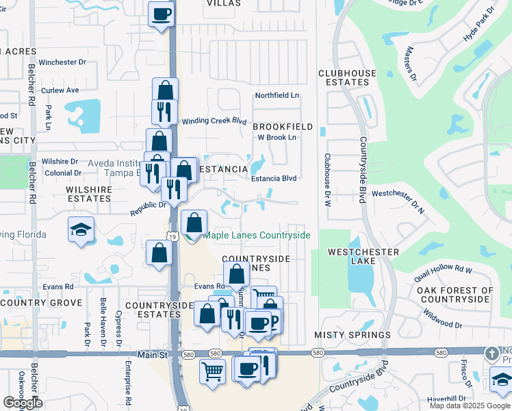 map of restaurants, bars, coffee shops, grocery stores, and more near 1901 Hammock Pine Boulevard in Clearwater