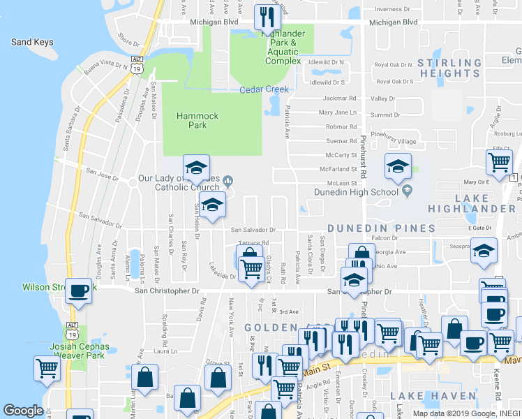 map of restaurants, bars, coffee shops, grocery stores, and more near 1624 Saint Catherine Drive East in Dunedin