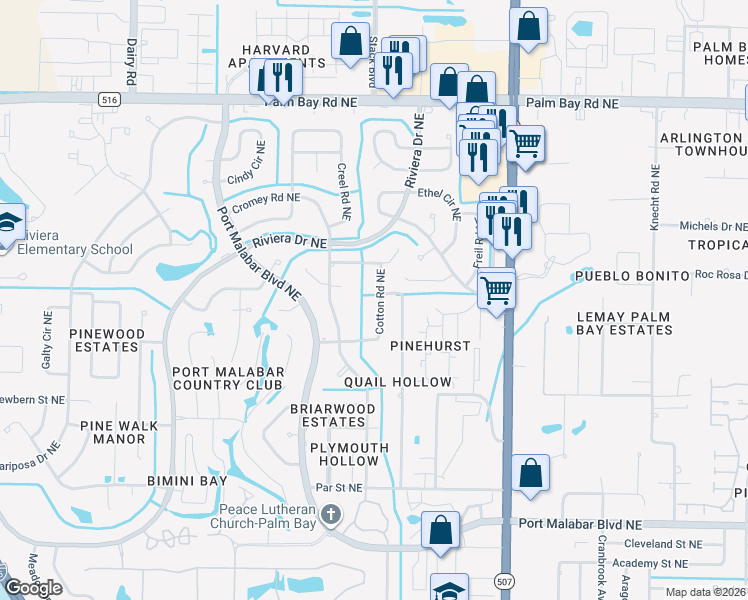 map of restaurants, bars, coffee shops, grocery stores, and more near 1194 Cotton Road Northeast in Palm Bay