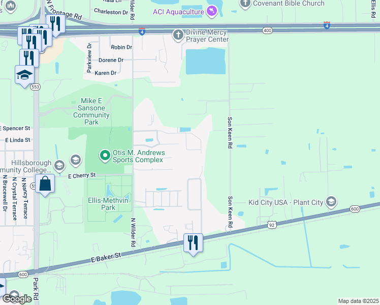 map of restaurants, bars, coffee shops, grocery stores, and more near 2919 Wilder Creek Circle in Plant City