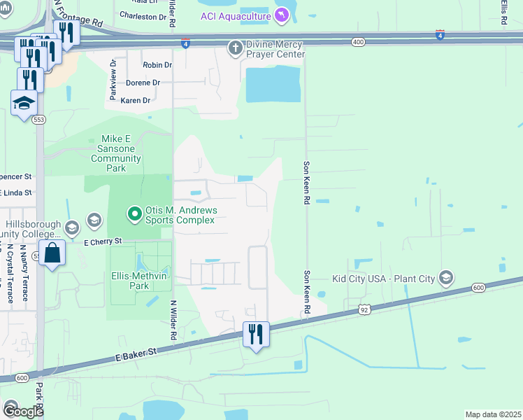 map of restaurants, bars, coffee shops, grocery stores, and more near 2925 Wilder Creek Circle in Plant City
