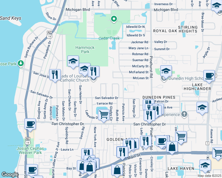 map of restaurants, bars, coffee shops, grocery stores, and more near 1630 Saint Catherine Drive East in Dunedin