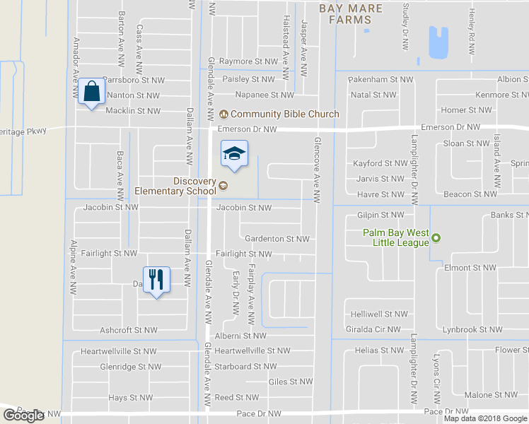 map of restaurants, bars, coffee shops, grocery stores, and more near 1580 Jacobin Street Northwest in Palm Bay