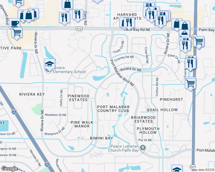 map of restaurants, bars, coffee shops, grocery stores, and more near 1303 Cherry Hills Road Northeast in Palm Bay
