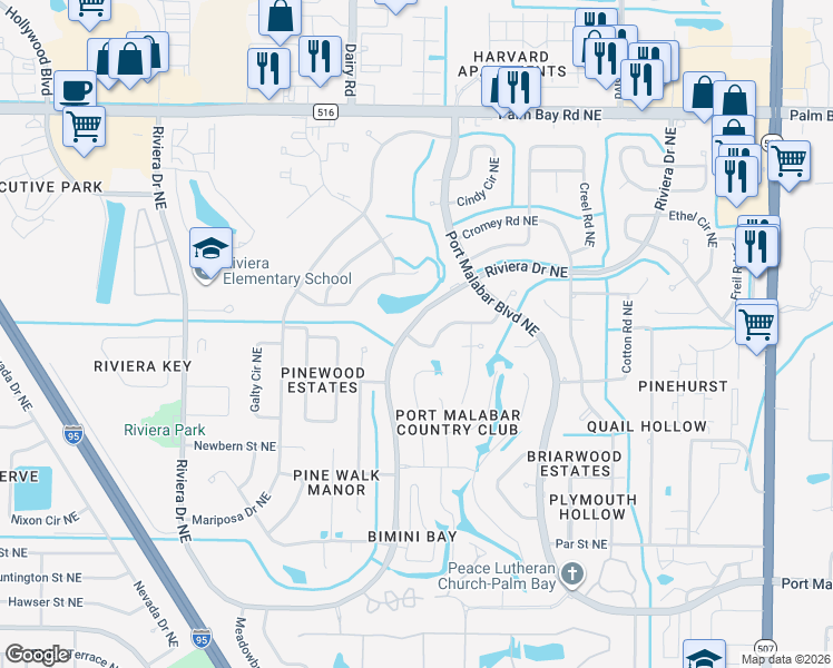 map of restaurants, bars, coffee shops, grocery stores, and more near 1303 Cherry Hills Road Northeast in Palm Bay