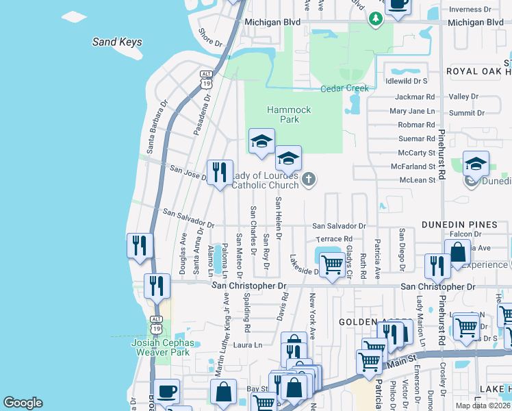map of restaurants, bars, coffee shops, grocery stores, and more near 1625 San Charles Drive in Dunedin