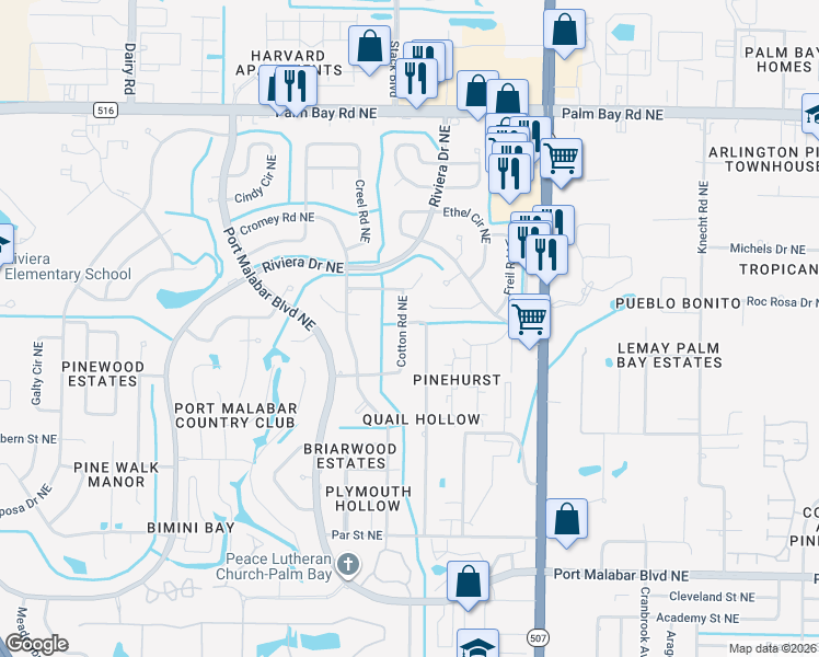 map of restaurants, bars, coffee shops, grocery stores, and more near 1194 Cotton Road Northeast in Palm Bay
