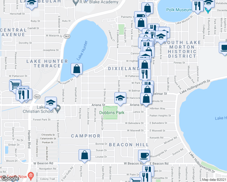 map of restaurants, bars, coffee shops, grocery stores, and more near 518 West Belmar Street in Lakeland