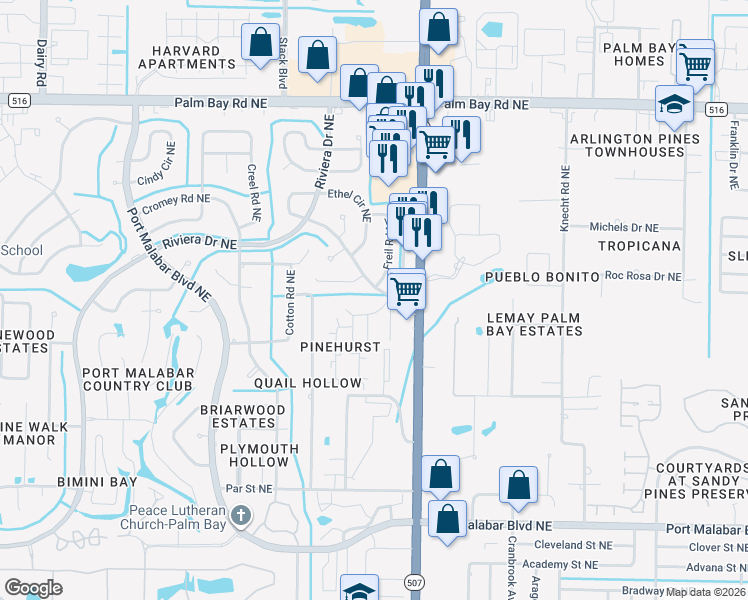 map of restaurants, bars, coffee shops, grocery stores, and more near 2101 Forest Knoll Drive Northeast in Palm Bay