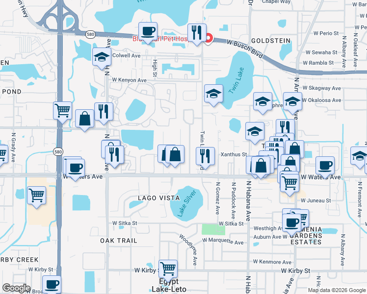 map of restaurants, bars, coffee shops, grocery stores, and more near 8505 Claonia Street in Tampa