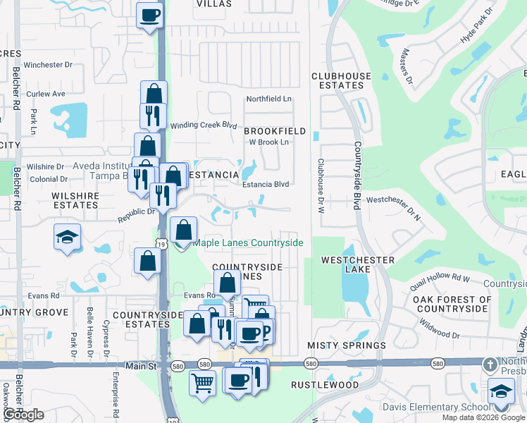map of restaurants, bars, coffee shops, grocery stores, and more near 1901 Hammock Pine Boulevard in Clearwater