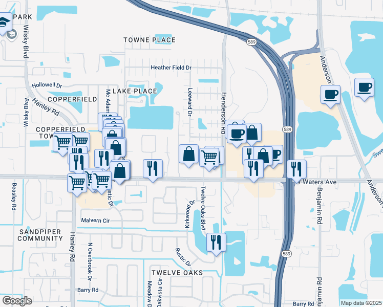 map of restaurants, bars, coffee shops, grocery stores, and more near 8501 7 Coves Ct in Tampa