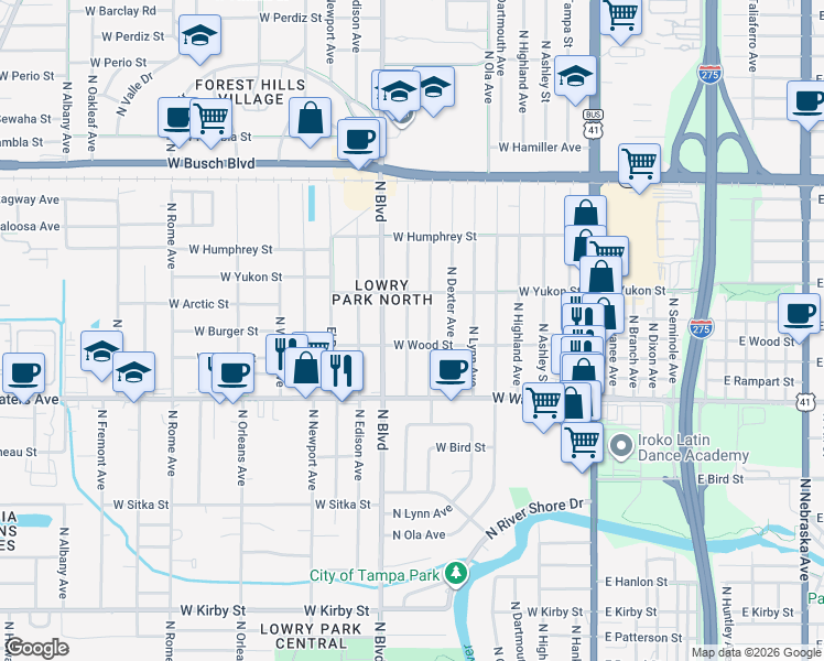 map of restaurants, bars, coffee shops, grocery stores, and more near 8509 North Hamner Avenue in Tampa