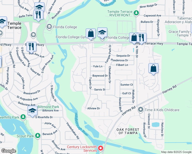 map of restaurants, bars, coffee shops, grocery stores, and more near 7009 Baywood Drive in Tampa